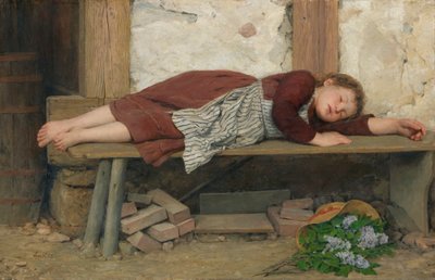 Fille endormie sur un banc en bois - Albert Anker